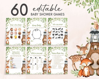 Editable Woodland Baby Shower Games Bundle, Greenery Woodland Animals Baby Shower Game Pack, Forest Animals Baby Shower Games Template 0400