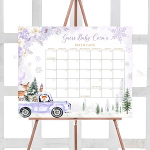 Editable Purple Winter Woodland Baby Shower Due Date Calendar, Girl Woodland Winter Baby Shower Calendar, Girl Baby It's Cold Outside, 0534 image 1