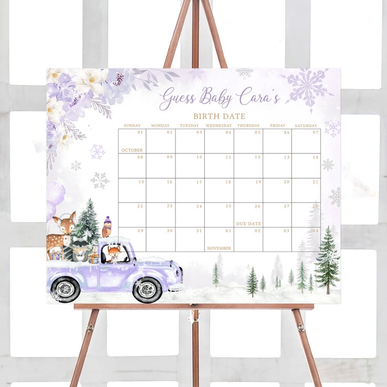 Editable Purple Winter Woodland Baby Shower Due Date Calendar, Girl Woodland Winter Baby Shower Calendar, Girl Baby It's Cold Outside, 0534 image 1