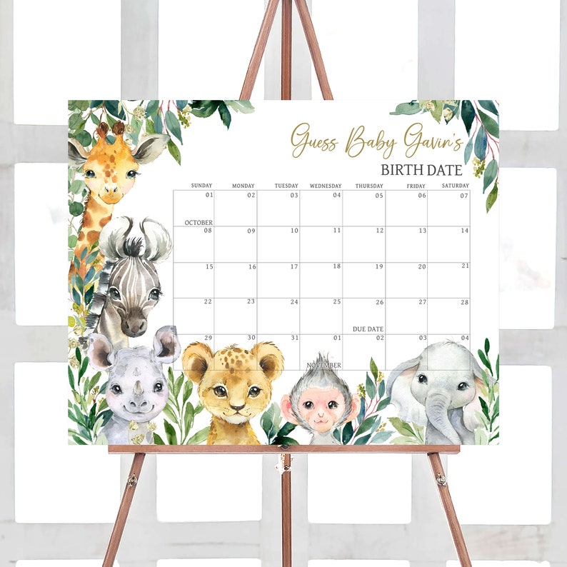 Editable A Little Wild One Baby Shower Due Date Calendar, Jungle Safari Baby Shower Calendar, Greenery Safari Animals Baby Shower Game, 0601 image 1