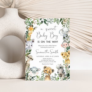 Editable Safari Baby Shower Invitation Bundle, Sweet Baby Boy Jungle Baby Shower Invite Set, Greenery Safari Animals Baby Shower Invite 0678 image 3