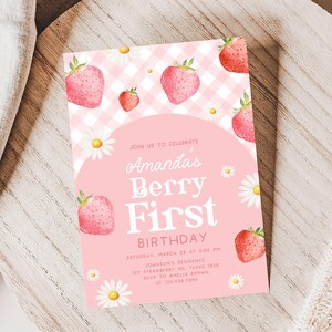 a pink birthday card with strawberries on it