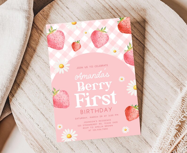 a pink birthday card with strawberries on it