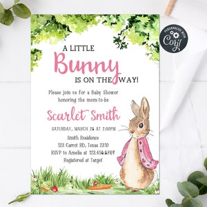 May include: A baby shower invitation with a watercolor illustration of a bunny rabbit wearing a pink jacket. The text reads "A Little Bunny Is On The Way!" and includes the date, time, and location of the shower.