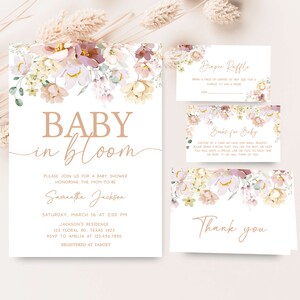 Editable Baby in Bloom Baby Shower Invitation Bundle, Spring Baby Shower Invite Set, Wildflower Baby Shower Invite, Floral Invitation, 0612 image 1