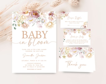 Paquete editable de invitación de baby shower de bebé en flor, conjunto de invitación de baby shower de primavera, invitación de baby shower de flores silvestres, invitación floral, 0612