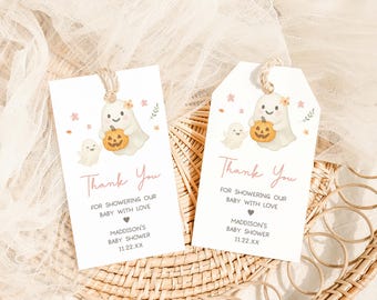 Editable Our Little Boo is Almost Due Baby Shower Favor Tag, Pink Cute Ghost Baby Shower Gift Tag, Girl Spooky Halloween Thank you Tag 01153