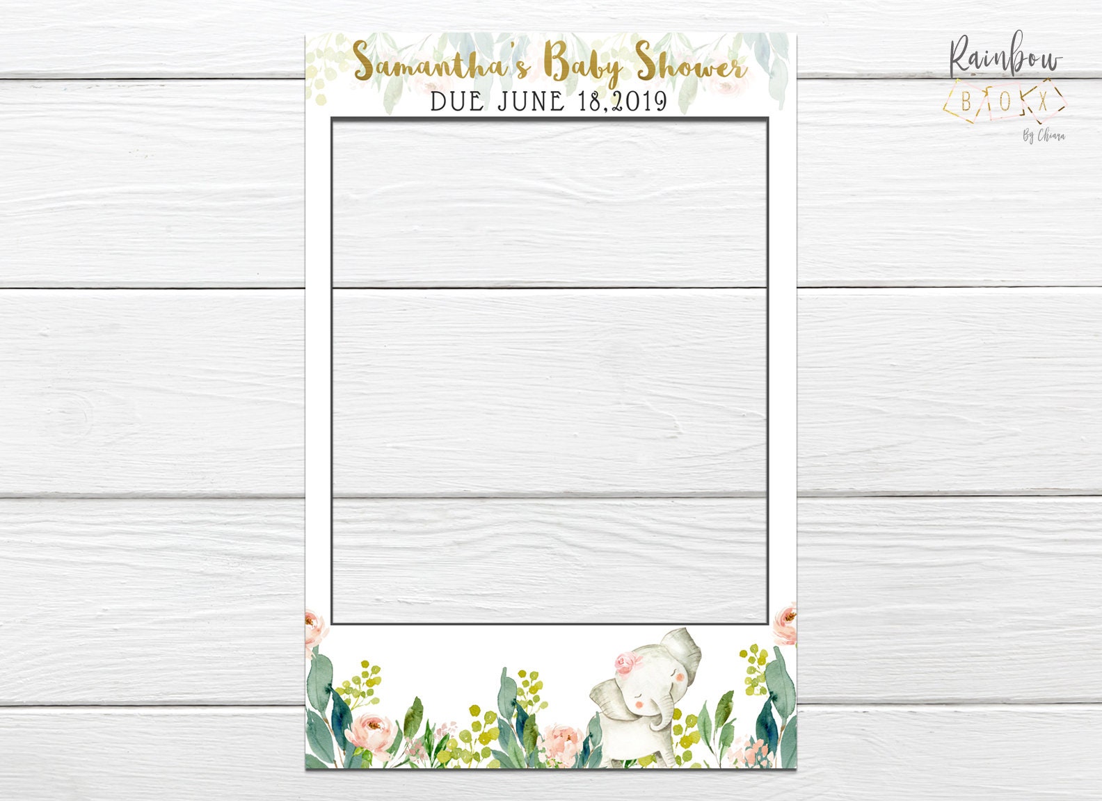 Pink and Gold Elephant Baby Shower Photo Frame Pink Elephant Baby Shower Photo Prop Blush Floral Baby Shower Printable Photo