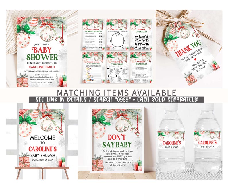 May include: A collection of baby shower decorations with a winter holiday theme. Includes invitations, game cards, a welcome sign, a 'Don't Say Baby' game, water bottle labels, and thank you tags. The designs feature ornaments, snowflakes, and festive colors.