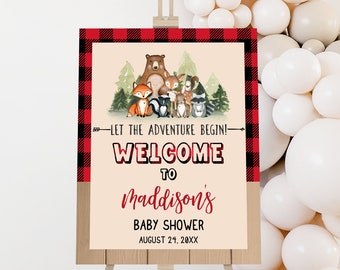 Editable Lumberjack Baby Shower Welcome Sign, Woodland Lumberjack Baby Shower Welcome Poster, Woodland Animals Boy Baby Shower Sign, 0860