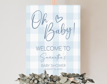 Bearbeitbares blaues Gingham-Babyparty-Willkommensschild, klassisches Gingham-Junge-Babyparty-Willkommensplakat, Picknick Oh Baby Blue Baby Shower Sign, 01090