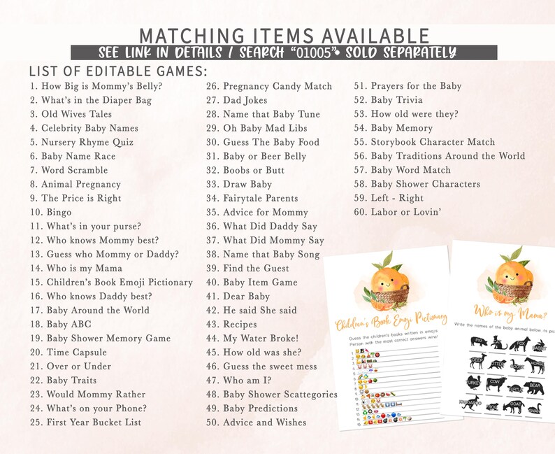 a list of matching items available for a baby shower