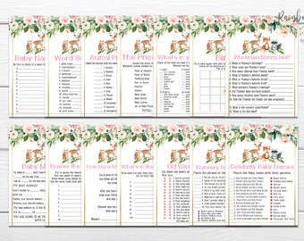 Roze en gouden bos babyshower spelletjesbundel, bosdieren bosdieren babyshower spelletjespakket, blush roze bloemen douche partygames BSL 103