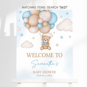 Editable Blue Boy Bear Balloon Baby Shower Welcome Sign, We Can Bearly Wait Baby Shower Welcome Poster, Boho Brown Bear Baby Shower, 0621 image 3
