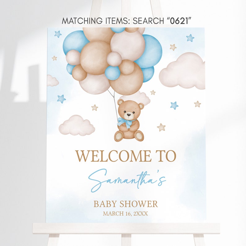 Editable Blue Boy Bear Balloon Baby Shower Welcome Sign, We Can Bearly Wait Baby Shower Welcome Poster, Boho Brown Bear Baby Shower, 0621 image 3