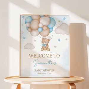 Editable Blue Boy Bear Balloon Baby Shower Welcome Sign, We Can Bearly Wait Baby Shower Welcome Poster, Boho Brown Bear Baby Shower, 0621 image 1