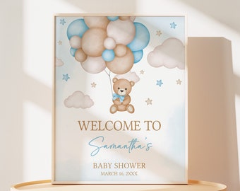 Editable Blue Boy Bear Balloon Baby Shower Welcome Sign, We Can Bearly Wait Baby Shower Welcome Poster, Boho Brown Bear Baby Shower, 0621