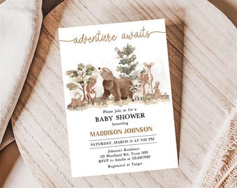 Editable Woodland Animals Baby Shower Invitation, Adventure Awaits Woodland Baby Shower Invite, Forest Animals Baby Shower Invites, 01032