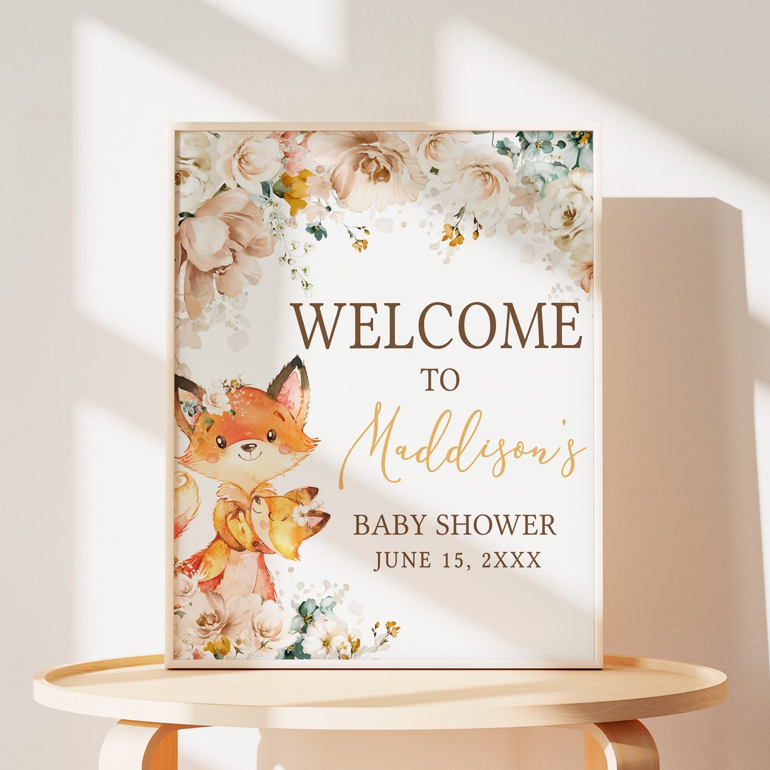 Editable Floral Fox Fall Baby Shower Welcome Sign, Fox Woodland Baby ...