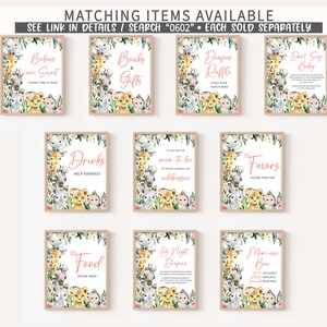 May include: Set of ten printable signs for a baby shower with a jungle theme. The signs feature a variety of animals, including lions, giraffes, and zebras, and have pink and green accents. The signs include text such as "Babies are Sweet", "Books & Gifts", "Diaper Raffle", "Don't Say Baby", "Drinks", "Mom-to-be Address", "Favors", "Food", "Late Night Diapers", and "Mom-osa Bar".