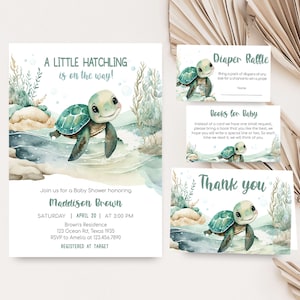 Pacchetto di inviti per baby shower modificabile con tartarughe marine, set di inviti per baby shower sotto il mare, un piccolo baby shower per ragazzino dell'oceano, 0712