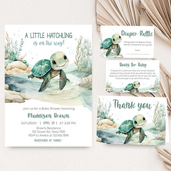 Editable Sea Turtle Baby Shower Invitation Bundle, Under The Sea Baby Shower Invite Set, A Little Hatchling Ocean Boy Baby Shower, 0712