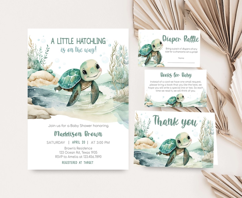 Editable Sea Turtle Baby Shower Invitation Bundle, Under The Sea Baby Shower Invite Set, A Little Hatchling Ocean Boy Baby Shower, 0712 image 1