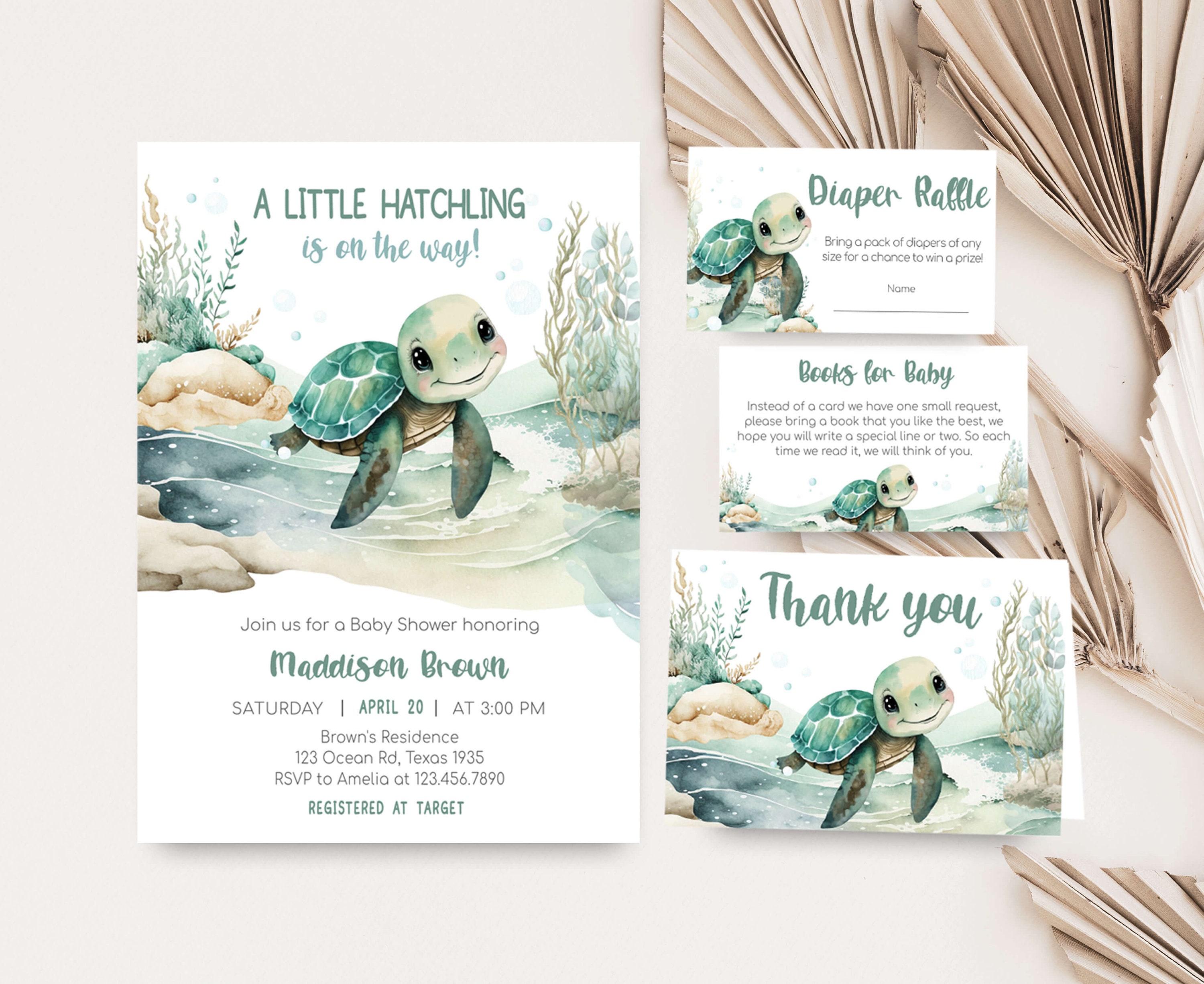 Editable Sea Turtle Baby Shower Invitation Bundle, Under The Sea Baby Shower Invite Set, A Little Hatchling Ocean Boy Baby Shower, 0712