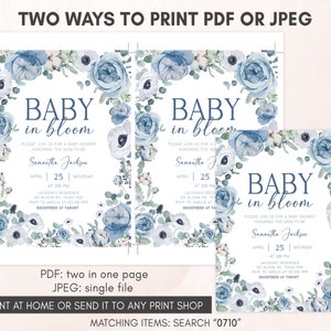 Editable Blue Baby in Bloom Baby Shower Invitation, Boy Spring Flowers Baby Shower Invite, Dusty Blue Wildflower Baby Shower Invitation 0710 image 3