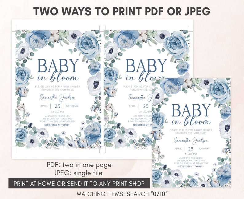 Editable Blue Baby in Bloom Baby Shower Invitation, Boy Spring Flowers Baby Shower Invite, Dusty Blue Wildflower Baby Shower Invitation 0710 image 3