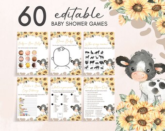 Bewerkbare zonnebloem Highland Cow-babyshowergamebundel, Holy Cow-babyshowergamepakket, koe-zonnebloemmeisje babyshower-spelsjabloon, 0774