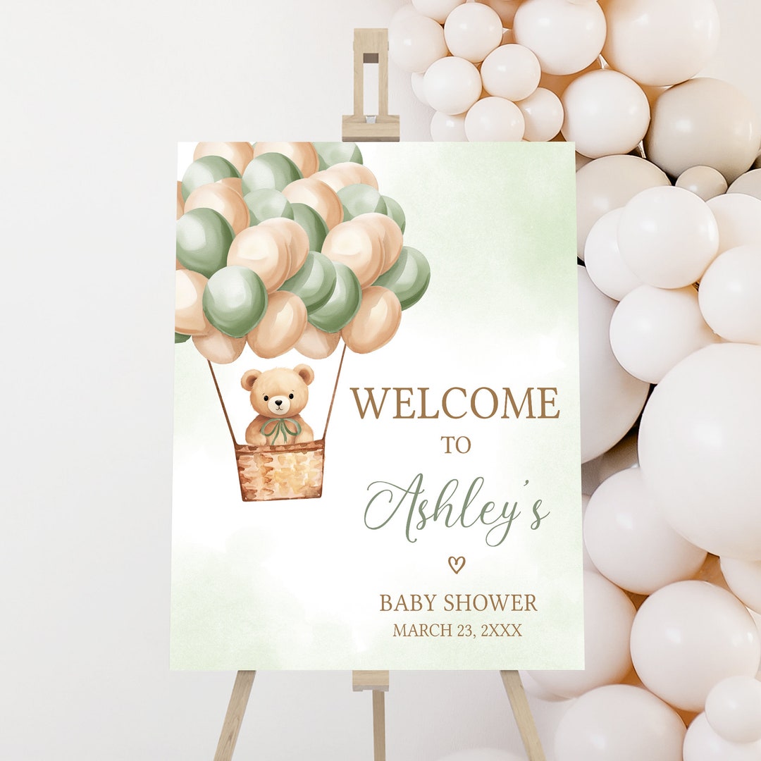 Editable Gender Neutral Bear Baby Shower Welcome Sign, Hot Air Balloons ...