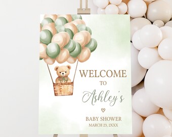 Editable Gender Neutral Bear Baby Shower Welcome Sign, Hot Air Balloons Baby Shower Welcome Poster, We Can Bearly Wait Baby Shower Sign 0704