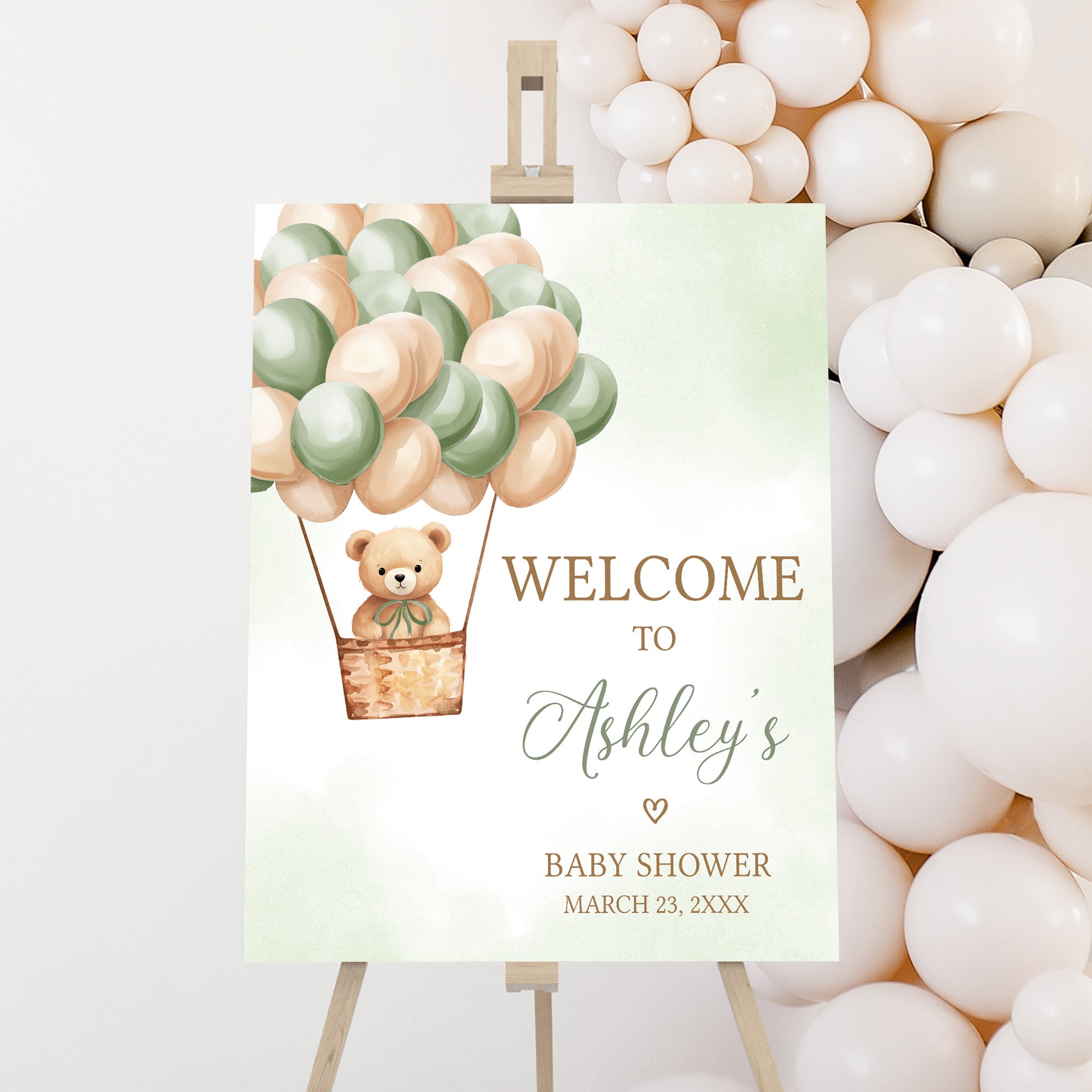Editable Gender Neutral Bear Baby Shower Welcome Sign, Hot Air Balloons ...