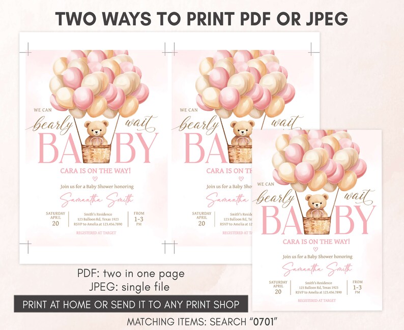 Invito rosa modificabile We Can Bearly Wait per baby shower, invito per baby shower, ragazza orsetta, invito per baby shower con mongolfiere, 0701 immagine 3
