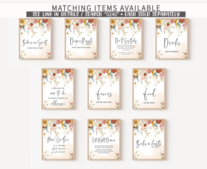 Pu&ograve; includere: Nove cartelli stampabili con disegni floreali e testo. I cartelli includono "Babies are Sweet", "Diaper Raffle", "Don't Say Baby", "Drinks", "Please Help the Mom-to-be", "Favors", "Food", "Mom-to-be Bar", "Late Night Diapers", e "Books & Gifts".