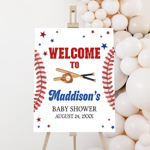 Bearbeitbares Baseball-Babyparty-Willkommensschild, Sportjungen-Babyparty-Willkommensplakat, Ein kleiner Slugger ist Babypartyschild unterwegs, 0769