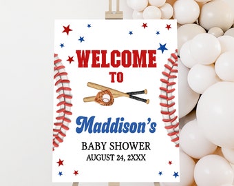 Panneau de bienvenue modifiable de baby shower de baseball, affiche de bienvenue de baby shower de garçon de sport, signe de baby shower de petit cogneur est sur le chemin, 0769