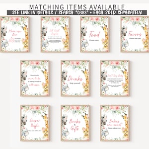 May include: Nine printable signs for a baby shower with a jungle theme. The signs feature a zebra, giraffe, and elephant with pink flowers and greenery. The signs include "Mom-osa Bar", "Late Night Diapers", "Food", "Favors", "Please help the mom-to-be by making yourself the addressee", "Drinks", "Don't Say Baby", "Diaper Raffle", "Books & Gifts", and "Babies are sweet".