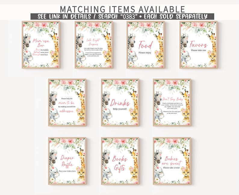 May include: Nine printable signs for a baby shower with a jungle theme. The signs feature a zebra, giraffe, and elephant with pink flowers and greenery. The signs include "Mom-osa Bar", "Late Night Diapers", "Food", "Favors", "Please help the mom-to-be by making yourself the addressee", "Drinks", "Don't Say Baby", "Diaper Raffle", "Books & Gifts", and "Babies are sweet".