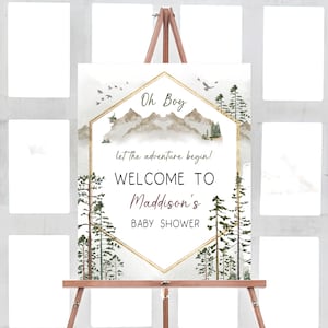 Deje que comience la aventura Baby Shower Signo de bienvenida Pinos Baby Shower Signo Bosque Montaña Signo de bienvenida Bosque Plantilla imprimible 0194