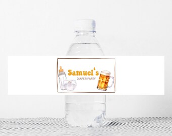 May include: A white label with brown trim for a water bottle. The label has a graphic of a baby bottle, a diaper, and a beer mug. The text on the label reads "Samuel's Diaper Party".