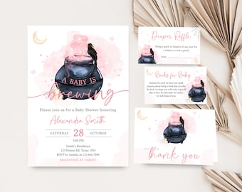 Editable Un bebé está preparando paquete de invitación de baby shower de Halloween, conjunto de invitación de baby shower de Halloween para niña, paquete de invitación de bruja rosa 0463