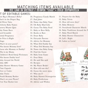 May include: A collection of baby shower games and activities, including a list of editable games, a children's book emoji dictionary, and a "Who is my Mama?" game. The games feature a teddy bear and Christmas tree design.