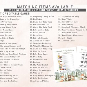 May include: A printable set of baby shower games with a woodland theme. The games include a list of editable games, a list of baby shower games, and two printable game cards. The game cards feature a fox, a bear, and a raccoon.