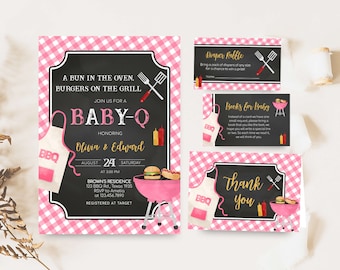 Editable Girl BBQ Baby Shower Invitation Bundle, Pink Baby-Q Gingham Baby Shower Invitation Set Bun in the Oven Backyard Baby Shower, 0841