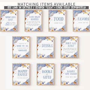 May include: Ten printable signs for a baby shower with a blue and yellow gingham pattern. The signs include "Mom-osa Bar", "Late Night Diapers", "Food", "Favors", "Drinks", "Don't Say Baby", "Diaper Raffle", "Books & Gifts", and "Babies Are Sweet".