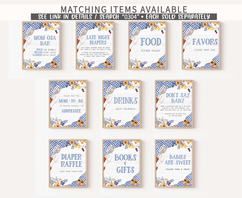 May include: Ten printable signs for a baby shower with a blue and yellow gingham pattern. The signs include "Mom-osa Bar", "Late Night Diapers", "Food", "Favors", "Drinks", "Don't Say Baby", "Diaper Raffle", "Books & Gifts", and "Babies Are Sweet".