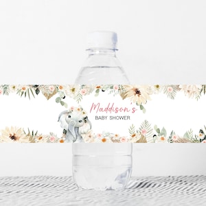 Étiquette modifiable de biberon éléphanteau, étiquettes d&#39;eau florales pour baby shower Boho, autocollants doux biberon bébé éléphant Oh, 0312