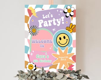 Editable Checkered Smiley Face Birthday Welcome Sign, Retro Smiley Face Welcome Sign, Peace Out Hippie Groovy Checkered Birthday Sign, 68BD